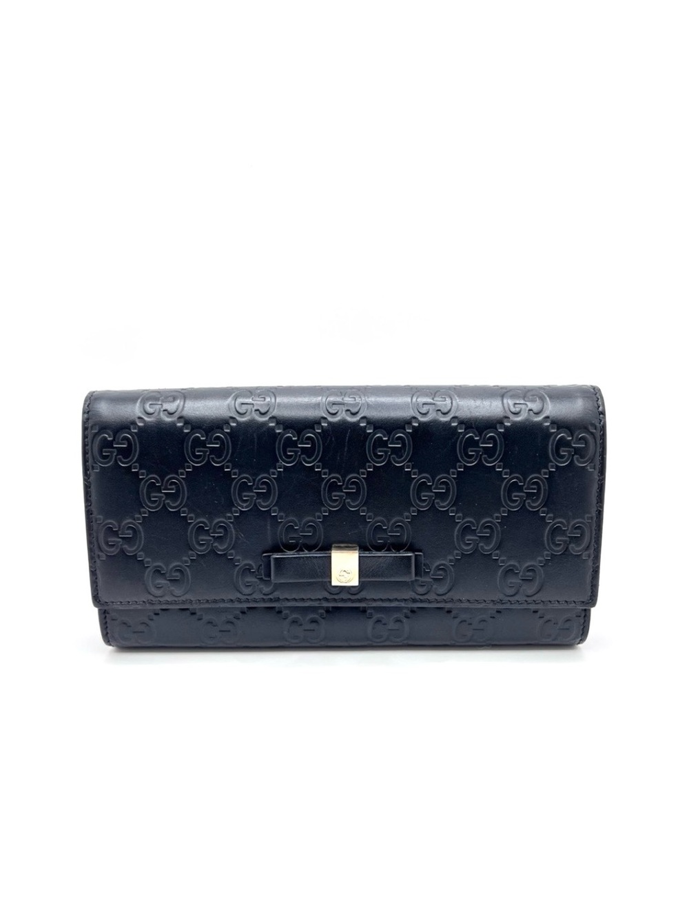 Authentic Gucci GG Black Guccissima Leather Bow Flap Continental Long Wallet